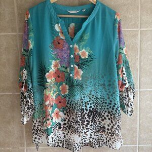 Soft Surroundings Tunic Top Women Small Blue Floral Leopard Print Tropical Sheer